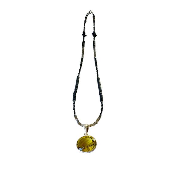 Big Lemon Citrine Carved Silver Pendant Black Onyx Labradorite Beaded Chain 20" - Picture 1 of 6